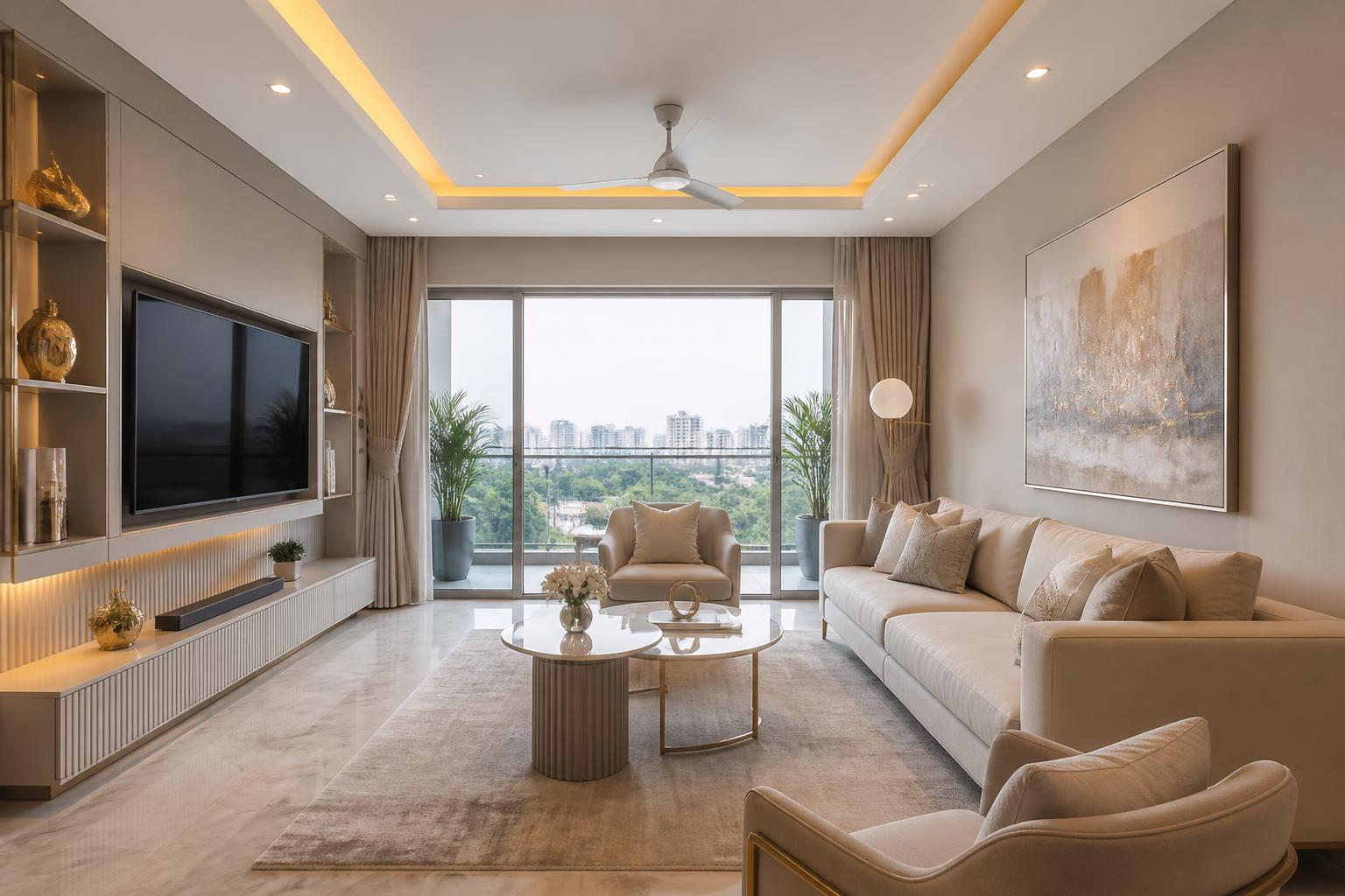 Premium 3 BHK apartment living room interior with balcony views