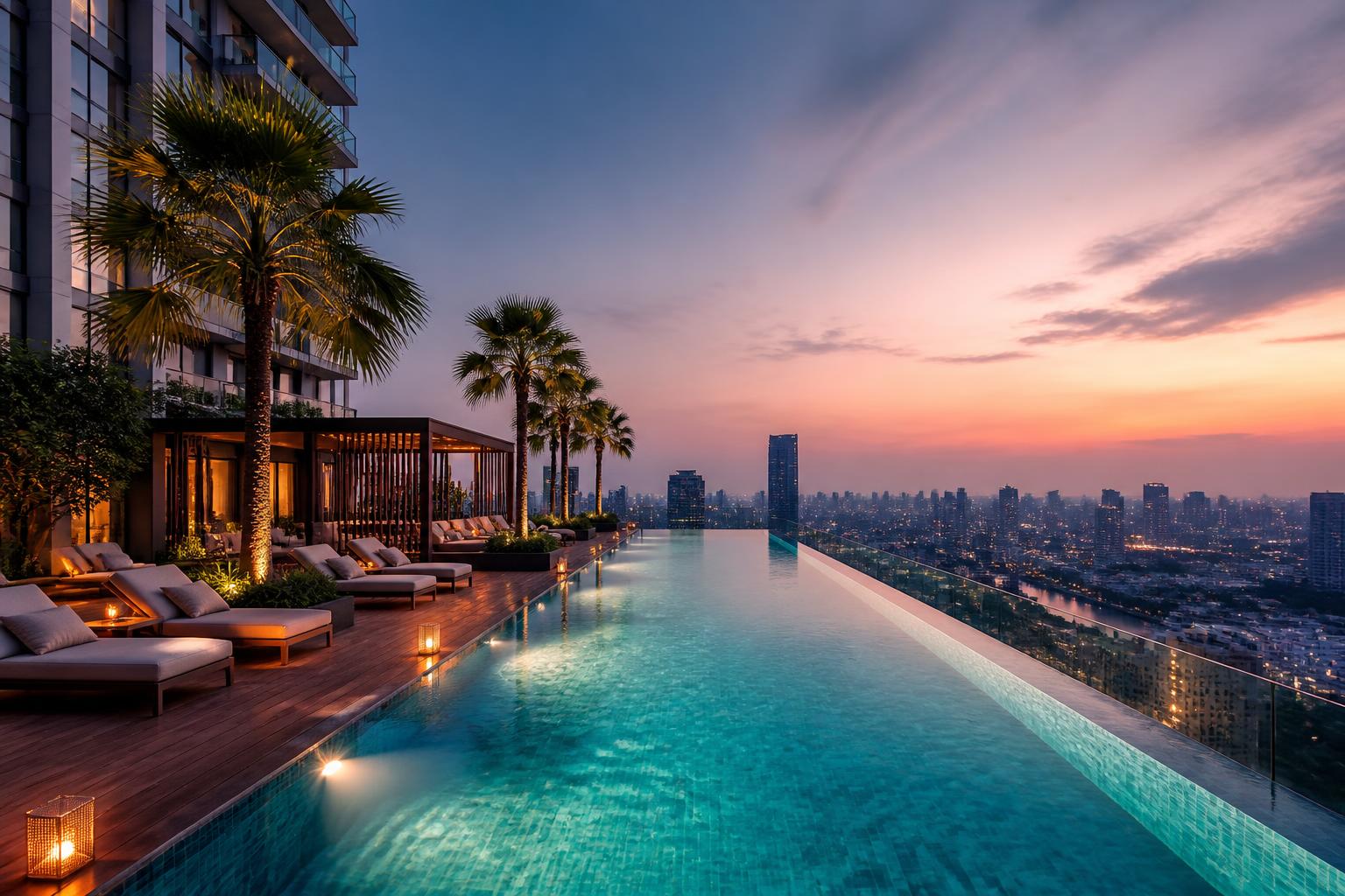 Infinity pool on the elevated amenity deck at Sunteck Sky Park