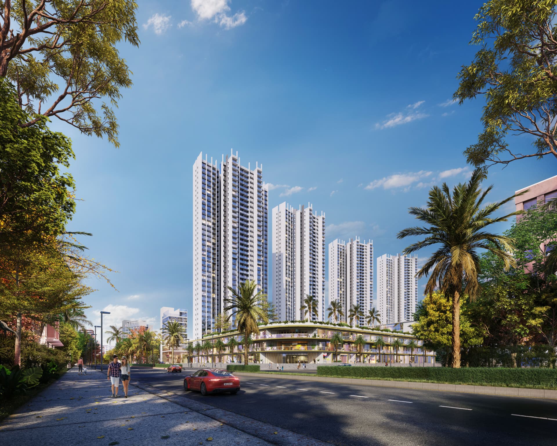 Sunteck Sky Park Mira Road elevation — premium residential towers above European-style Hi-Street retail