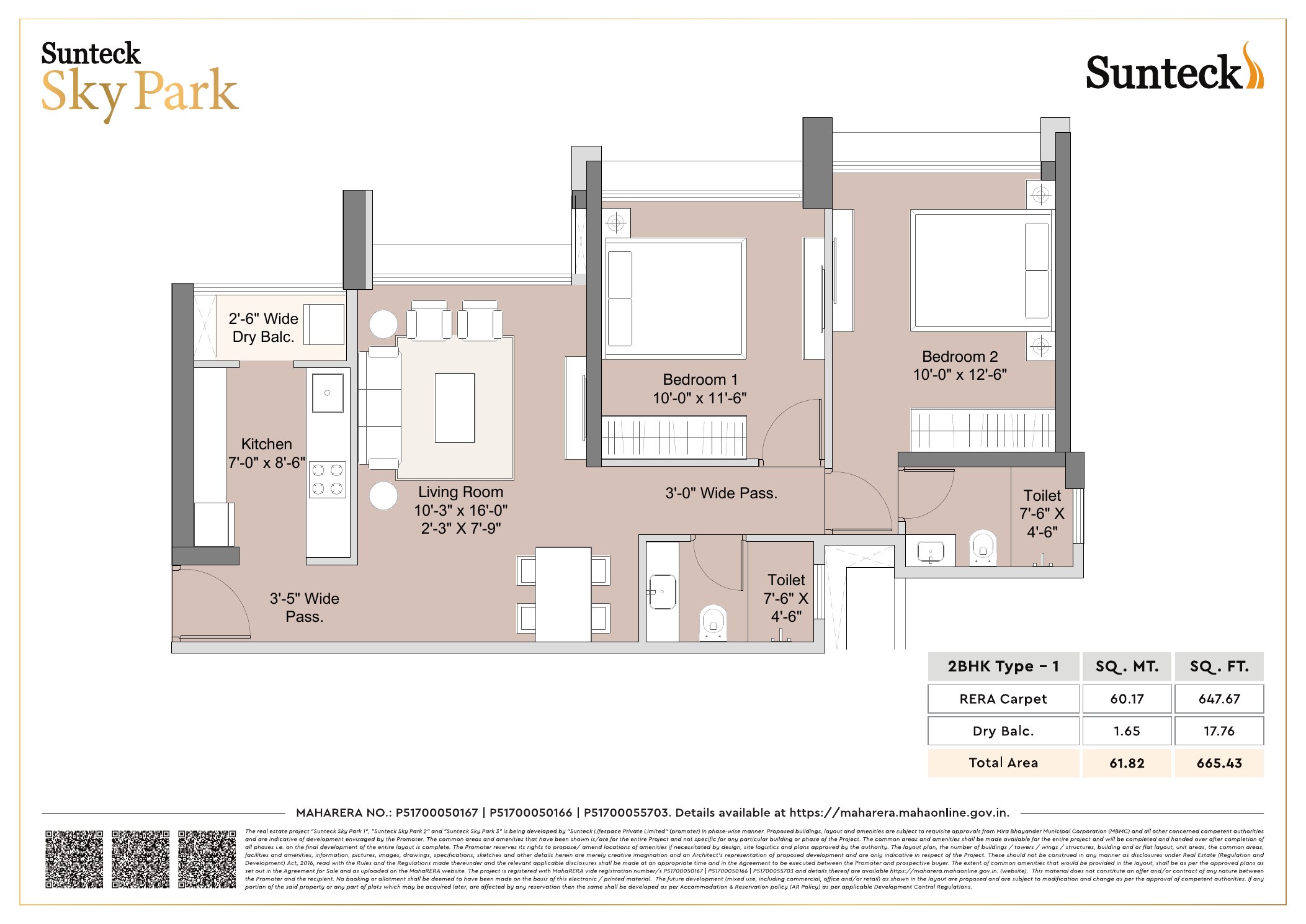 2 BHK 665.4 Sq. Ft. unit plan for Sunteck Sky Park, Mira Road