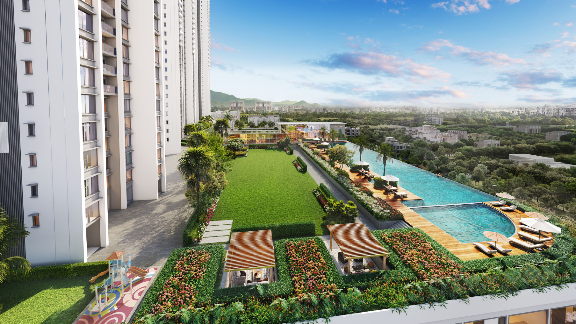 Infinity pool and landscaped open space on the elevated amenity deck